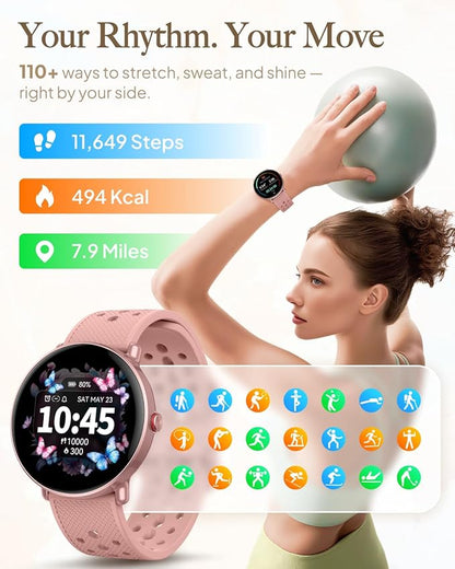 Smart Watch for Women Men, for Android iOS with Sleep & Calorie Monitor, Pedometer Fitness Tracker, Bluetooth Call, IP68 Waterproof, 112+ Sport Modes Round Face Smartwatch (Casual, Pink, 1.39)