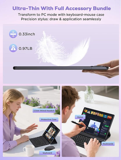 2025 Tablet 10.4 inch Android 15 Tablets with Keyboard Stylus Mouse: 2K IPS Tablette (2000x1200), 36GB+256GB(1TB TF), 5G/2.4G Dual WiFi, 8-Core 1.6GHz, 8000mAh,8+13MP, Widevine L1- Black