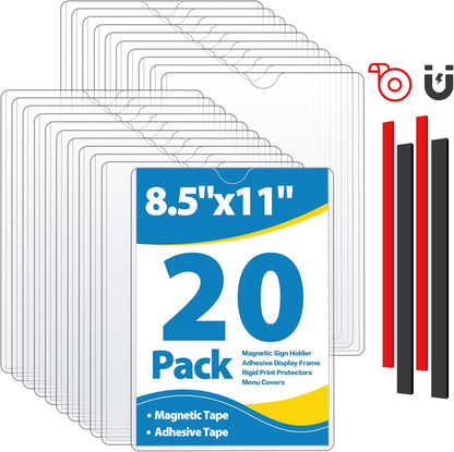 20 Pack Wall Sign Holder 8.5x11 Magnetic Plastic Sign Holder with Magnetic and Adhesive Tapes, Adhesive Clear Display Sign Frame for Fridge, Metal, Wall, Door, Document Protectors Holders