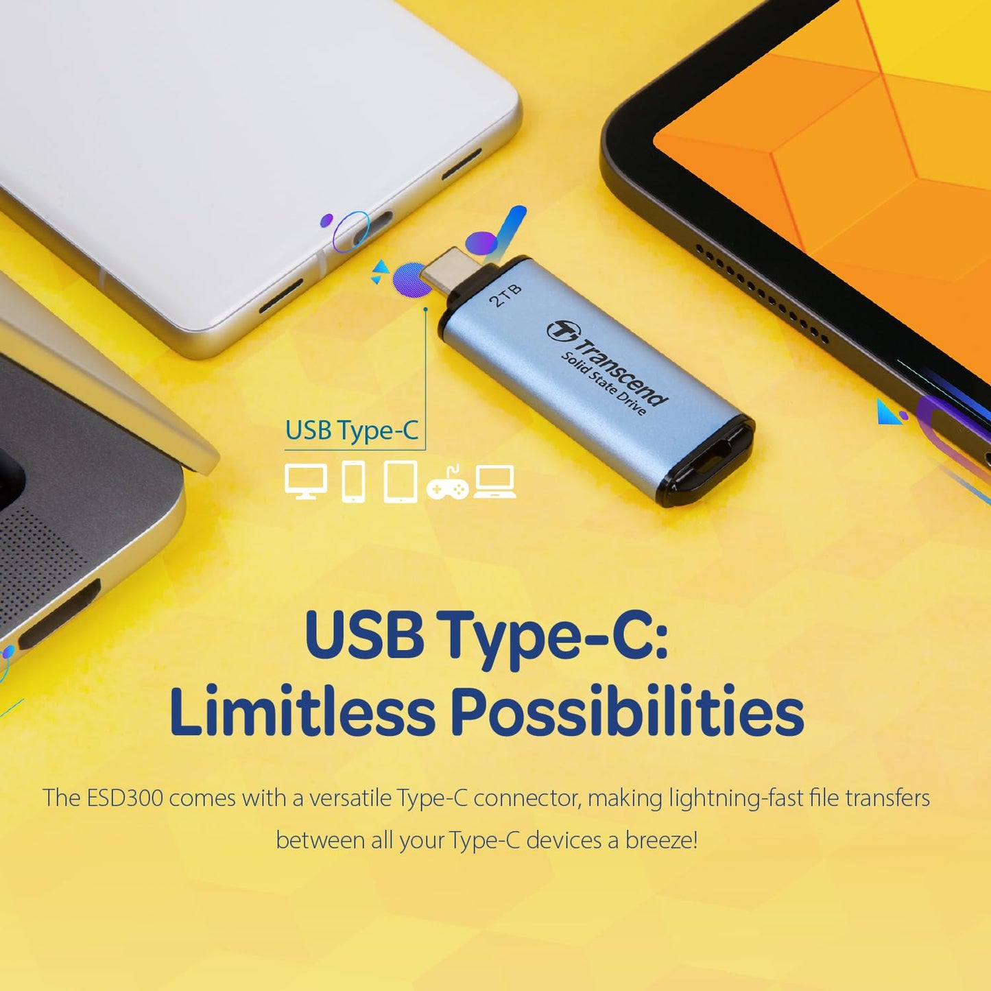 Transcend 2TB External SSD, USB 3.2 Gen2, Up to 1,050MB/s, Portable SSD with Type C, for Steam Deck, ROG Ally, MSI Claw, Windows & Mac, iPhone, iPad, Android, PS5, Xbox, Smart TV, Sky Blue