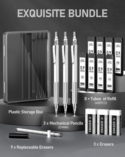 Four Candies 0.9mm Mechanical Pencil Set with Case, 3PCS Metal Artist Lead Pencil with 8 Tubes (480PCS) HB Lead Refills, 3 Erasers, 9 Eraser Refills For Engineer Art Writing Drafting, Silver