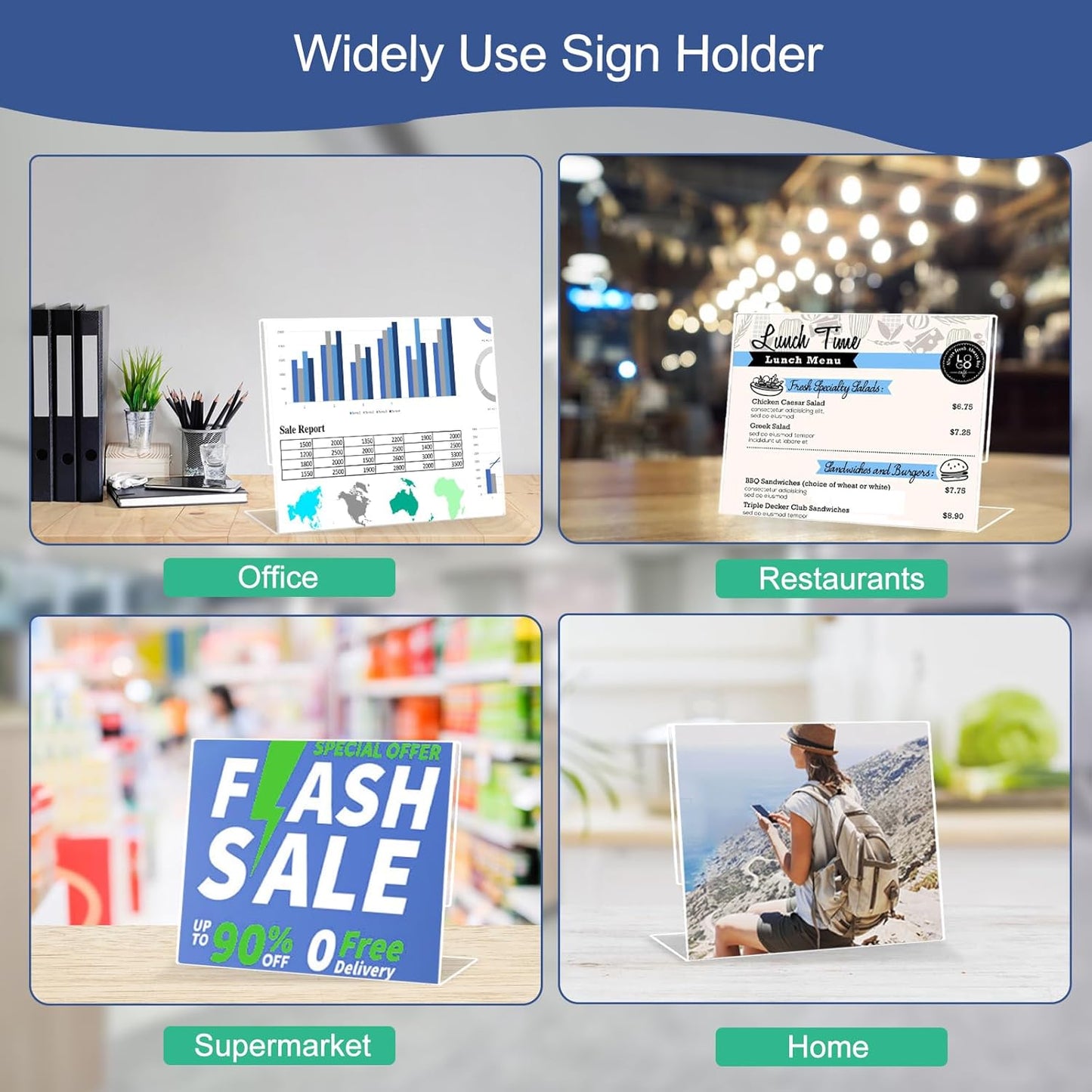 Slanted Back Acrylic Sign Holder 8 x 10 Horizontal, Acrylic Stands for Display 10 x 8, Clear Tabletop Plastic Paper Sign Holder for Office, Home, Restaurant (6 Pack 10x8 Inches)