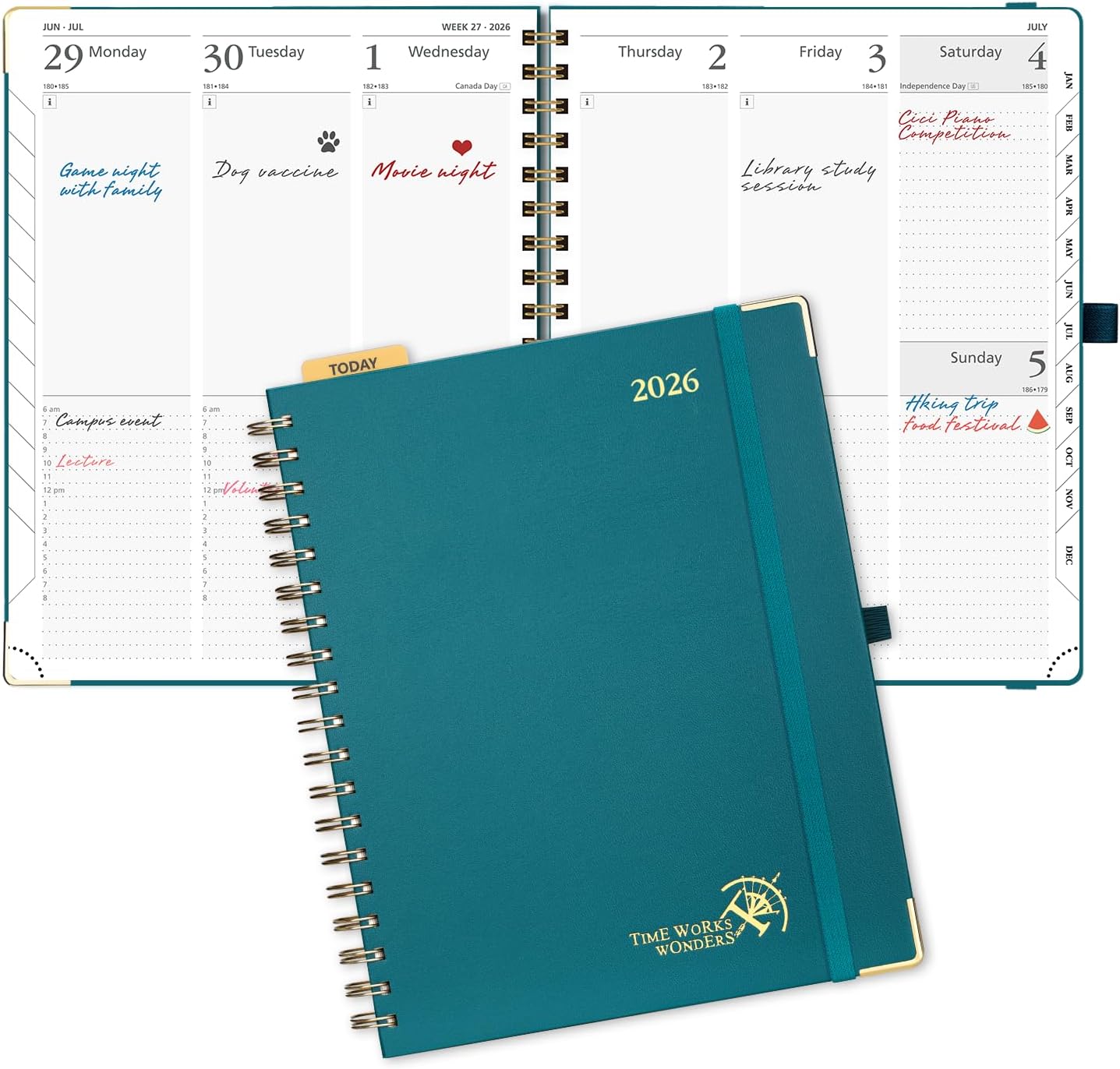 POPRUN 2026 Planner (Large Size 10'' x 8'' Wire-Bound Hard Cover) Daily Weekly and Monthly Calendar - Agenda 2026 (Jan.2026-Dec.2026) with Hourly Schedule, Monthly Tabs - Pacific Green