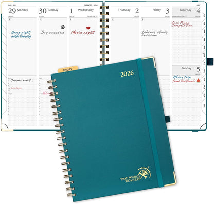 POPRUN 2026 Planner (Large Size 10'' x 8'' Wire-Bound Hard Cover) Daily Weekly and Monthly Calendar - Agenda 2026 (Jan.2026-Dec.2026) with Hourly Schedule, Monthly Tabs - Pacific Green