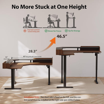 Agilestic L Shaped Standing Desk, Adjustable Height Corner Gaming Desk with Shelf, Sit Stand Up Desk, 63 x 55 Inch Home Office Computer Table, Dark Walnut