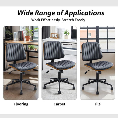 Small Home Office Chair - Armless Mid Back Desk Chair with 360° Swivel and Wheels, PU Upholstered Height Adjustable Modern Walnut Computer Chair for Home, Office Meeting Room - White