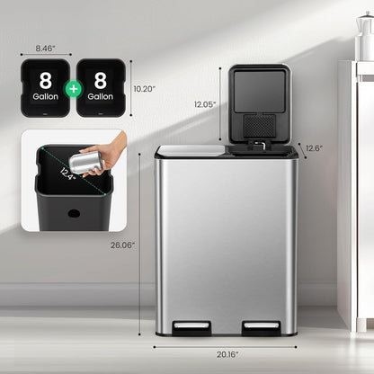 Cesun Kitchen Trash Can, 8 + 8 Gallon Dual Trash and Recycle Bin Combo, 2 Compartment Stainless Steel Kitchen Garbage Can with Lid, Removable Inner Buckets, Soft Close, Odor Filter, 30L+30L