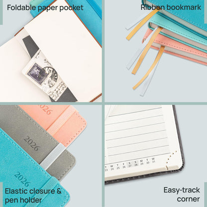 POPRUN Daily Planner 2026 (Jan - Dec), (Purse Size-4.25" x 6.25") 2026 Daily Calendar with One Page Per Day Even Weekends, Hourly Appointment Book with Pocket, PU Leather Softcover - Burgundy Red