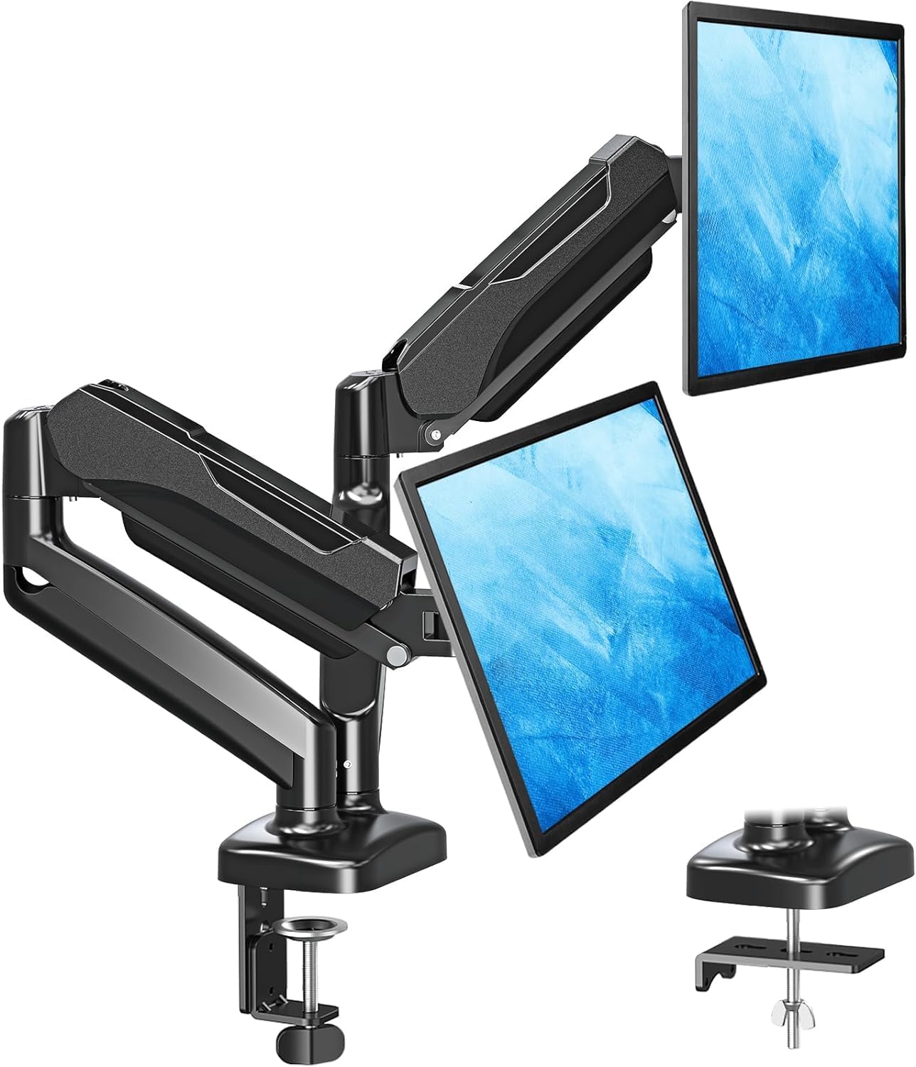 MOUNTUP Dual Monitor Stand for Desk, Pneumatic Monitor Arms for 2 Monitors Max 32 Inches, Height Adjustable Double Monitor Mount, VESA Mounts with C-Clamp & Grommet Base, Holds 4.4-17.6lbs, Black