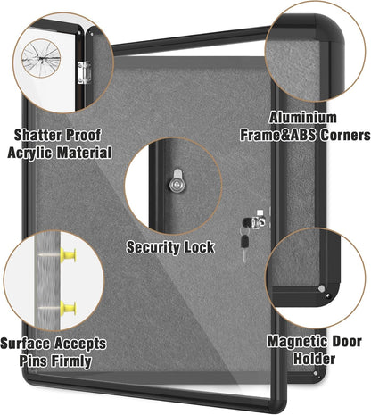 28"x26" Enclosed Bulletin Board, Lockable Weather-Resistant Aluminum Cork Noticeboard for School & Office, Black Frame w/Grey Flet