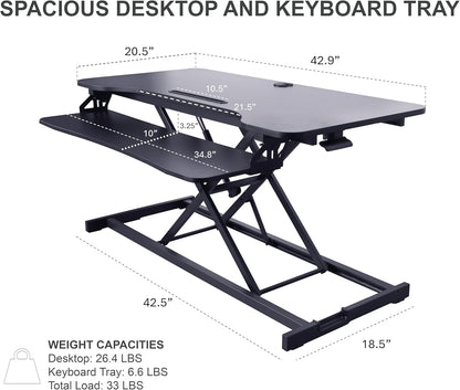 Rocelco 43" Height Adjustable Standing Desk Converter with Dual Monitor Arm Mount - Tall Stand Up Tabletop Riser and Tablet Slot - Computer Workstation - Deep Keyboard Tray - Black (R VADRB-43-DM2)