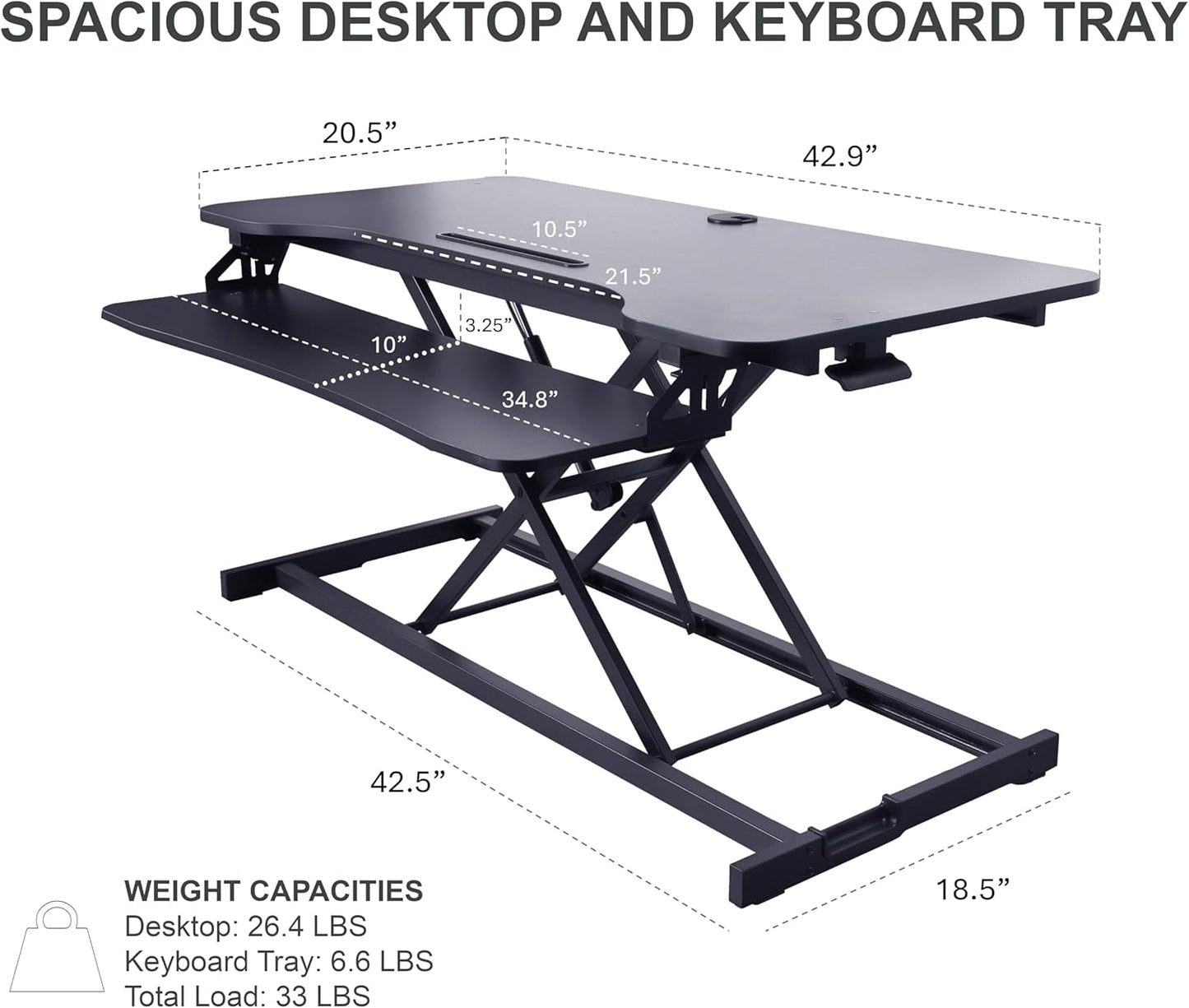 Rocelco 43" Height Adjustable Standing Desk Converter - Tall Sit Stand Up Tabletop Riser with Tablet Slot - Home Office Computer Workstation - Deep Keyboard Tray for Laptop Mouse - Black (R VADRB-43)