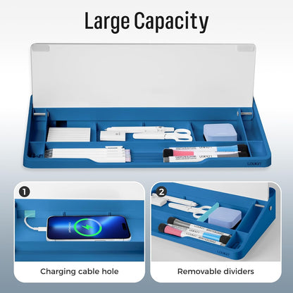 LOUKIN Glass Desktop Whiteboard, 15.3" x 5.6" Dry Erase Desk Board with Dotted and Graduated Surface, Desktop Buddy, Great for Design and Drawing, 3 Markers and 1 Dry Erase Eraser Included (Blue)