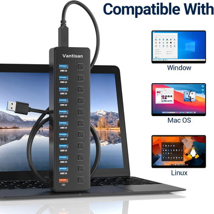 Powered USB Hub, 11-Port USB 3.0 Hub Splitter - 10 USB 3.0 Data Transfer Ports + 1 Smart Charging Port, USB Hub 3.0 Powered with Individual LED On/Off Switches and 5V/4A Power Adapter