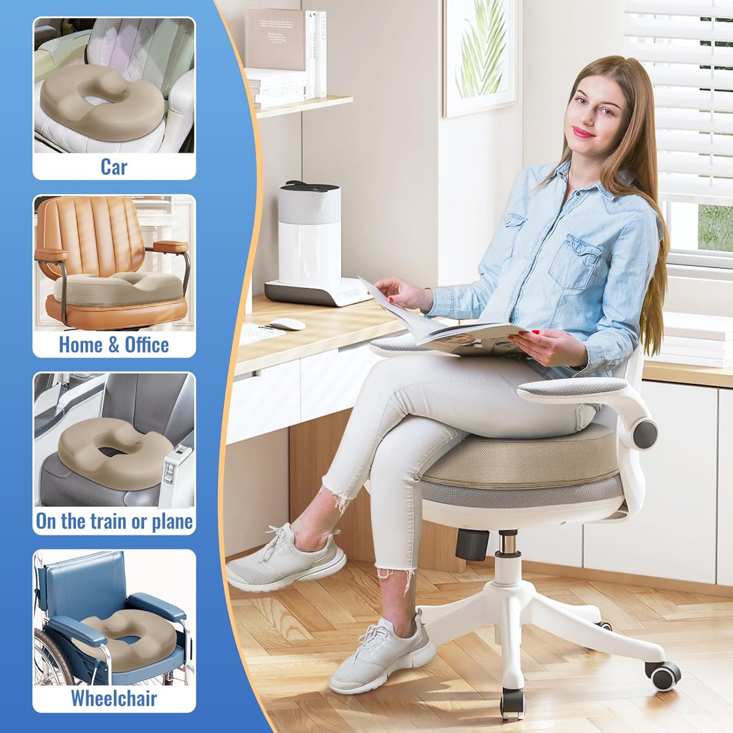 CloudBliss Donut Pillow Seat Cushion Chair Pad for Tailbone Pain Relief and Hemorrhoids, Memory Foam Seat Chair Cushion for Men and Women for Home & Office, (Khaki-XL)