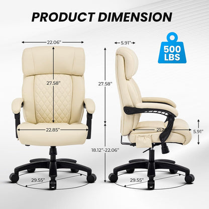 Lumbar Massage Office Chair, 500LBS Big and Tall Office Chair, Heavy Duty Ergonomic Executive Reclining Chair with High Back and Lumbar Support, Beige