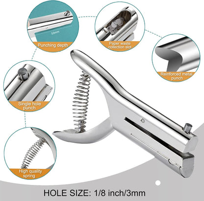 1/8 Inch Single Hole Punch - 2 Inch Reach Deep Throat Heavy Duty Paper Punch - Portable Hand Held Long Reach for ID PVC Cards Plastic Cardboard Photos
