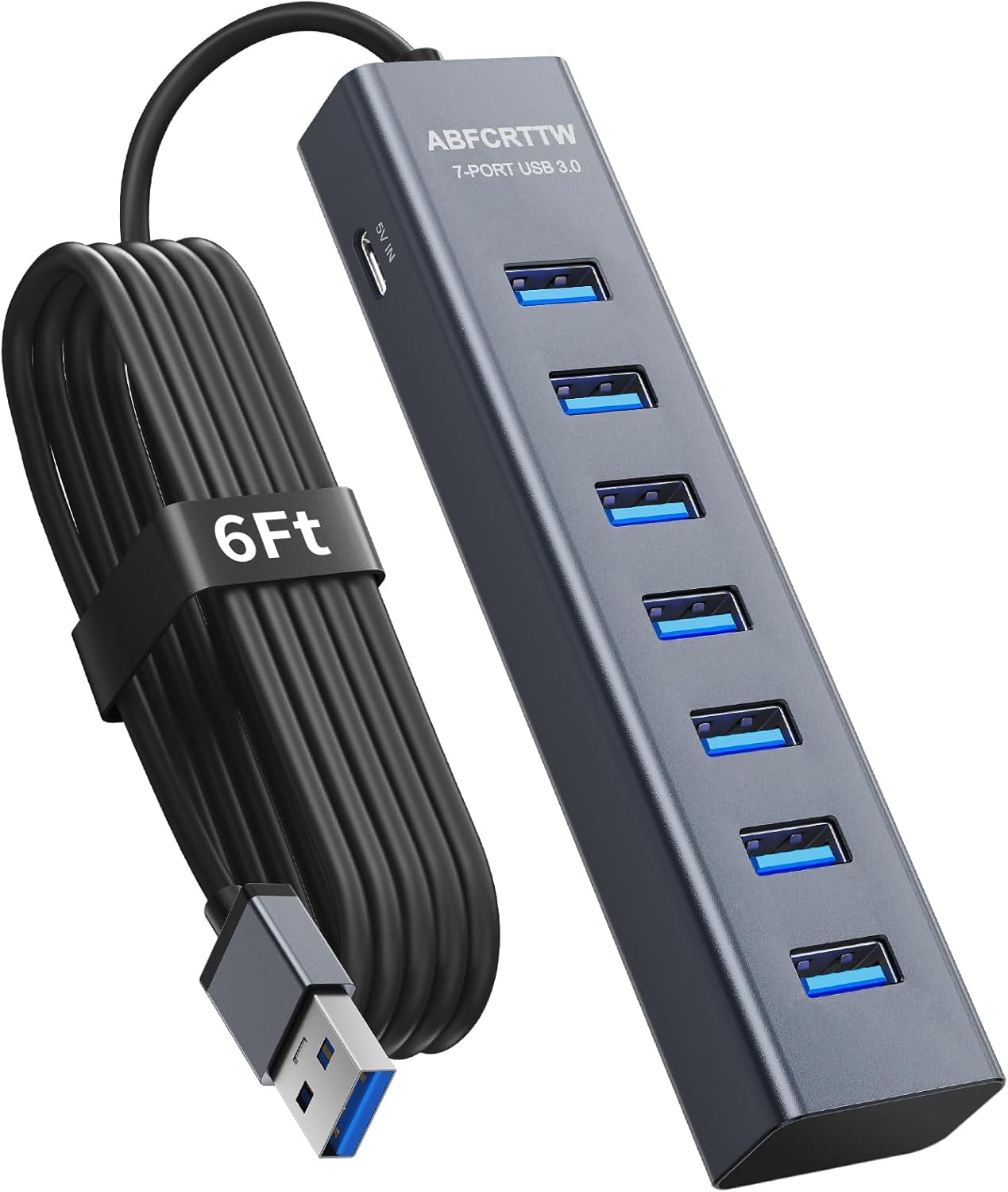 6Ft 7-Port USB 3.0 Hub for Desktop, Aluminium USB Extender Hub 5Gbps, Multiport Adapter, Long Cable for Desktop, PC, Flash Drive, Mobile HDD, Windows/XPS, 1.8m