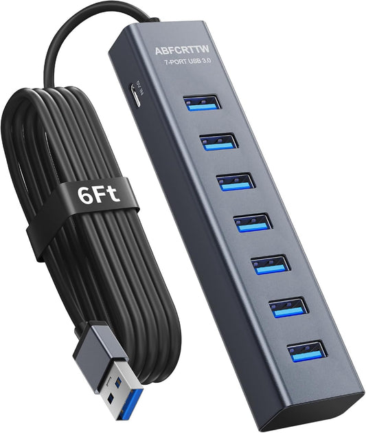 6Ft 7-Port USB 3.0 Hub for Desktop, Aluminium USB Extender Hub 5Gbps, Multiport Adapter, Long Cable for Desktop, PC, Flash Drive, Mobile HDD, Windows/XPS, 1.8m