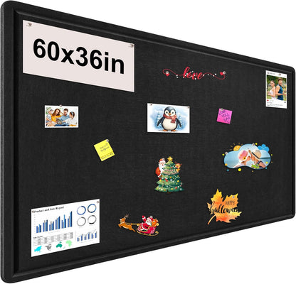 Large Bulletin Board, Foldable 60x36 Inches Cork Board Alternative, Large Felt Board Decorative Pin Board for Wall, Foldable Photo Board Self-Adhesive Vision Board with 36 Pushpins Black
