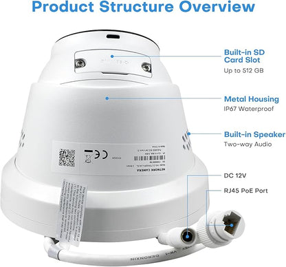 5MP PoE IP Turret Camera, PoE Camera Outdoor w/Red-Blue Alarm Lights & Sound, 98FT Smart Color Night Vision, 2-Way Audio, AI Human/Vehicle Detection, Full Metal IP67, 114°Wide Angle