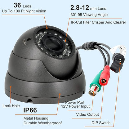 Anpviz Analog CCTV Camera 1080P HD 4-in-1(TVI/AHD/CVI/960H CVBS), 4X Manual Focus/Zoom Analog Camera 2.8-12mm Varifocal Lens, 36 IR-LEDs Dome Turret Security Camera for Business/Home/Store