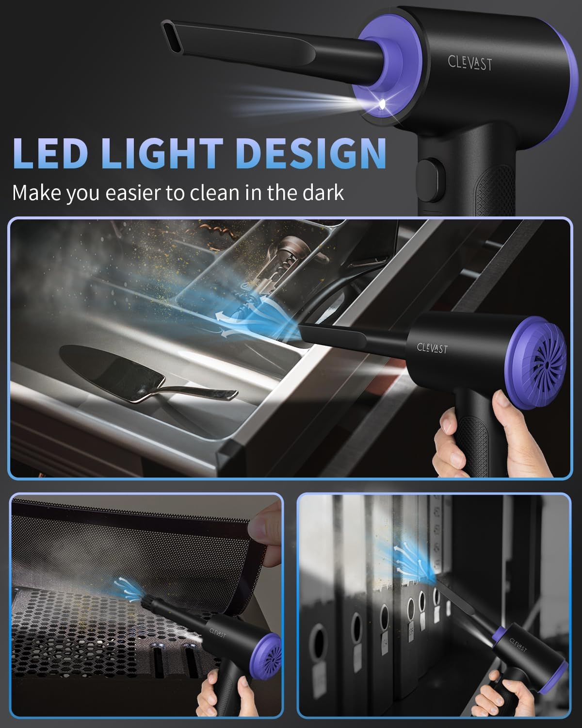 CLEVAST Compressed Air Duster - 3 Gear 110000RPM Electric Air Duster, 3 in 1 Versatile with LED - Cordless Dust Blower & Mini Vacuum & Inflating for PC, Computer, Keyboard, Rechargeable Canned Air
