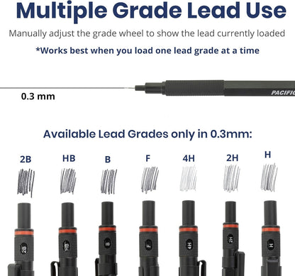 Pacific Arc Chromagraph Metal Mechanical Pencil .3 mm Black Barrel Mechanical Pencil with Built In Lead Pencil Grade Indicator, Lead Pencil Holder for Drafting, Sketching, and Drawing