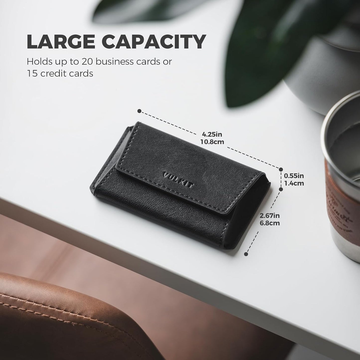 VULKIT Leather Business Card Holder Case for Men Slim Pocket Business Card Wallet Name Card Case Holder, Holds 20 Business Cards Black