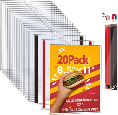 Magnetic Sign Holder 8.5 x 11 - Clear Plastic Frame for Refrigerator, Rigid Paper Holder for Picture Document, Adhesive Frames for Wall Window Door Sign 20 Pack