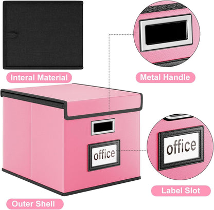 Huolewa File Organizer Box with Lid, Collapsible Leather File Folder Organizer for Office Document Storage, Filing Box with Plastic Slide for Letter/Legal Size Hanging Files, Pink