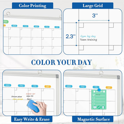 WALGLASS Dry Erase Calendar Whiteboard for Wall, 24" x 18" Double-Sided Monthly Calendar White Board with Silver Aluminum Frame, Hanging or Wall Mount Whiteboard for Home, Office, School