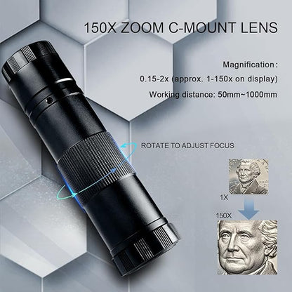 NICE-POWER Digital Microscope, 48MP 4K 1080P HDMI Type-C/USB Industrial Video Microscopes Camera, 150X Zoom C-Mount Lens, Foldable Stand, LED Ring Light, Soldering Microscope for Electronics Repair