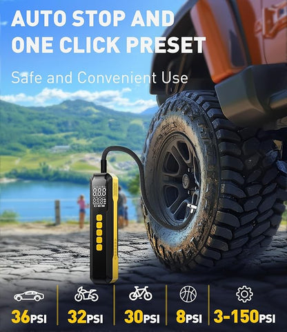 Tire Inflator Portable Air Compressor, 150 PSI Faster Cordless Air Pump for Car Tires, Electric Bike Tire Pump with Digital Pressure Gauge, LED Light for Motorcycle, Bicycle, Ball