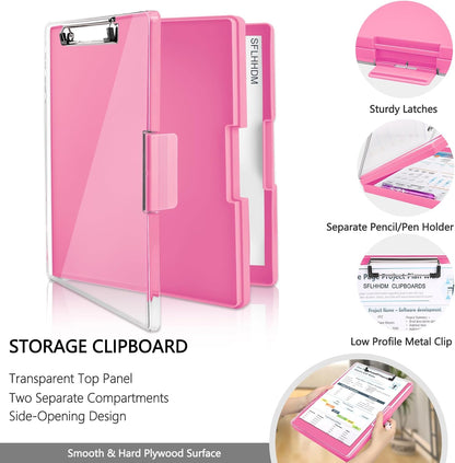 Clipboard with Storage,Heavy Duty Clip Boards 8.5x11 with 2 Storage Case,Clear Visible Top Panel Storage Clipboards,Side Opening Clip Boards,Nursing Clipboard Folder Case for Office Supplies-Pink