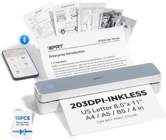iDPRT Portable Printer Wireless for Travel - 203DPI Bluetooth Mobile Printer Support for 8.5"x11" US Letter, Inkless Compatible with iOS, Android, Laptop for Office, Car and Home, School