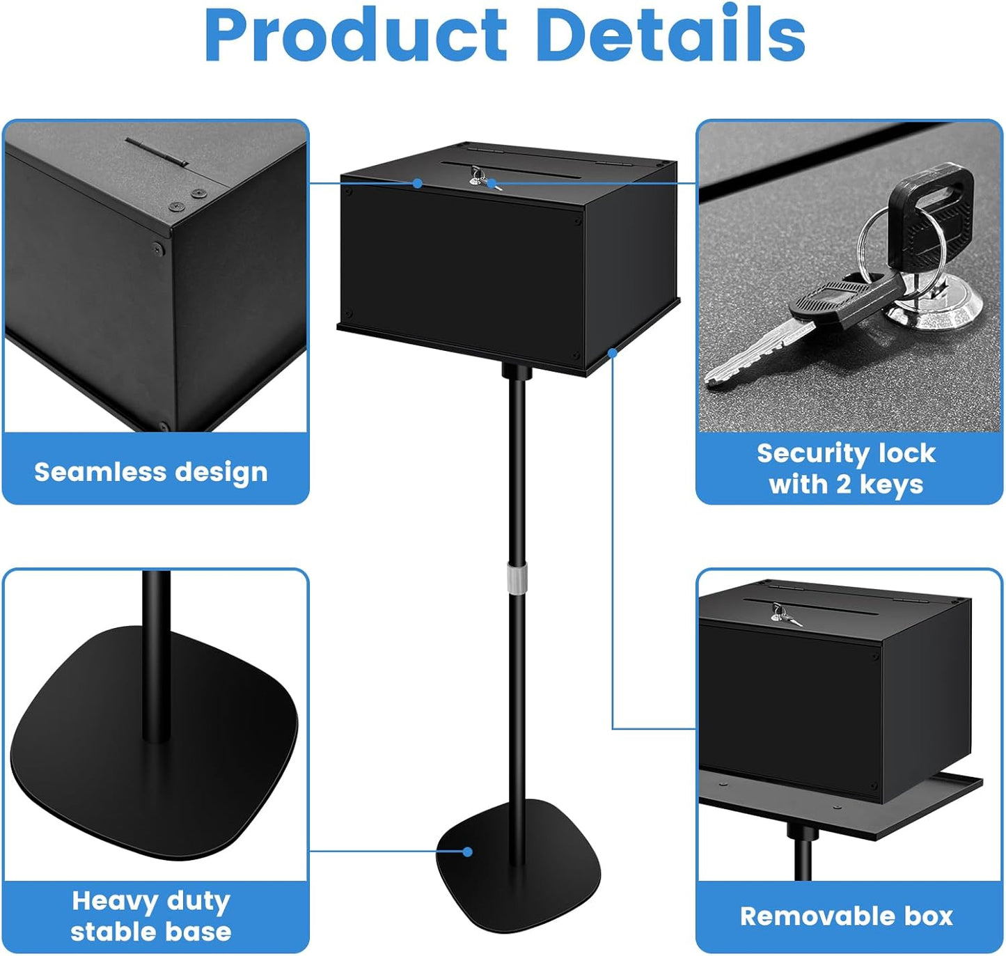 Metal Suggestion Box with Stand Floor Standing Donation Box with Lock and Key Heavy-Duty Collection Case for Charity Home Office Church Elections, Black