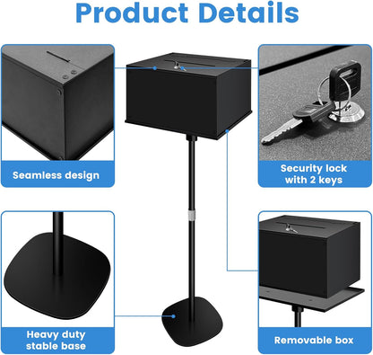 Metal Suggestion Box with Stand Floor Standing Donation Box with Lock and Key Heavy-Duty Collection Case for Charity Home Office Church Elections, Black