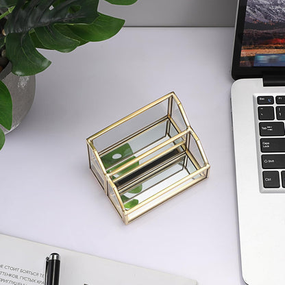Hipiwe Glass Business Card Holder 2 Slots Gold Business Card Stand Mirrored Base Name Display Holder for Desk Multiple Clear Business Card Holder Display for Office