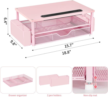 AUPSEN Pink Desk Organizers and Accessories, 2-Tier Wood Computer Monitor Stand with Drawer, Pen Storage & Phone Holder, Office Desk Accessories, Workspace Desktop Organization for Office Supplies