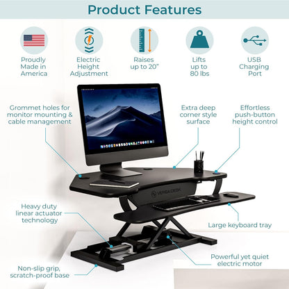 VERSADESK® PowerPro™ 36" Corner Standing Desk Converter, 36 Inch Motorized Height-Adjustable Standup Desk Riser Sit to Stand Desktop with Keyboard and Mouse Tray + USB Charging Port, Black