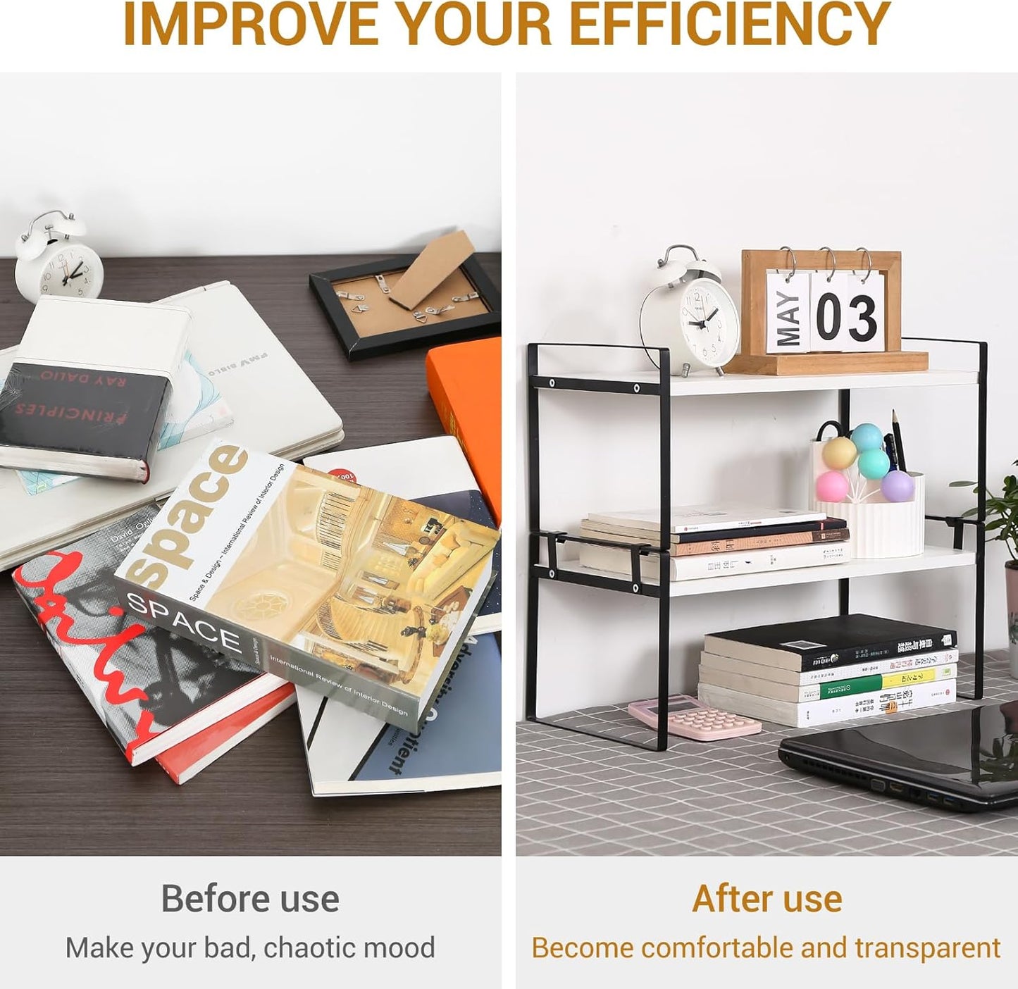 YGYQZ Wood Office Desk Shelf Organizer - Desktop Supplies Cute Dresser Top Organization Storage Rack and Cubicle Decor Aesthetic Bookshelf for Women Man and Kids (Black White-Two Tier)