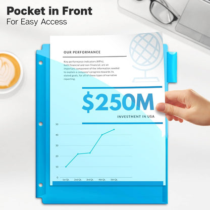 Dunwell Plastic Binder Dividers with Front Pocket (5 Tab), Clear Slash Single Pocket Divider with Tabs, 3 Ring Binder Pockets with Index Tab, Acid-Free, Notebook Dividers Include Label Inserts