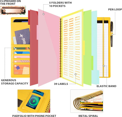 Clipboard with Storage for Men Women, Leather Padfolio Portfolio Organizer 5 Folders with 10 Pockets, Spiral Clipboard Folio with Notepad for Letter Size, Elastic Closure and Pen Loop Floral