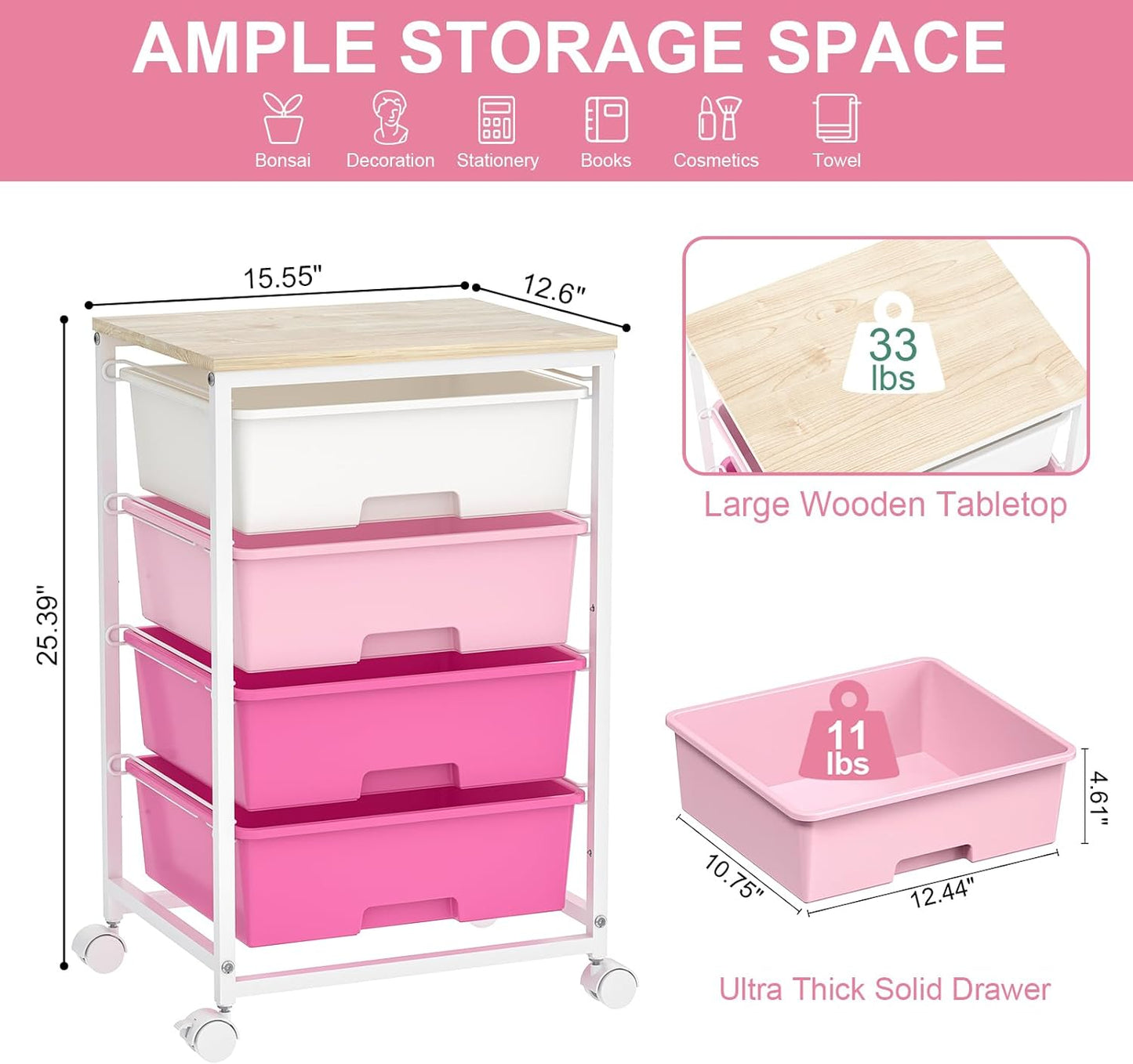 Utility-Rolling-Craft-Storage-Cart-Organizer with 4 Drawers and Wooden Tabletop, 4 Tier Drawer Cart for Home Office, Kid Room, Classroom Teacher, Dorm, Pink
