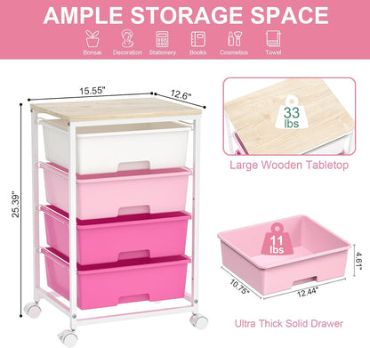 Utility-Rolling-Craft-Storage-Cart-Organizer with 4 Drawers and Wooden Tabletop, 4 Tier Drawer Cart for Home Office, Kid Room, Classroom Teacher, Dorm, Pink