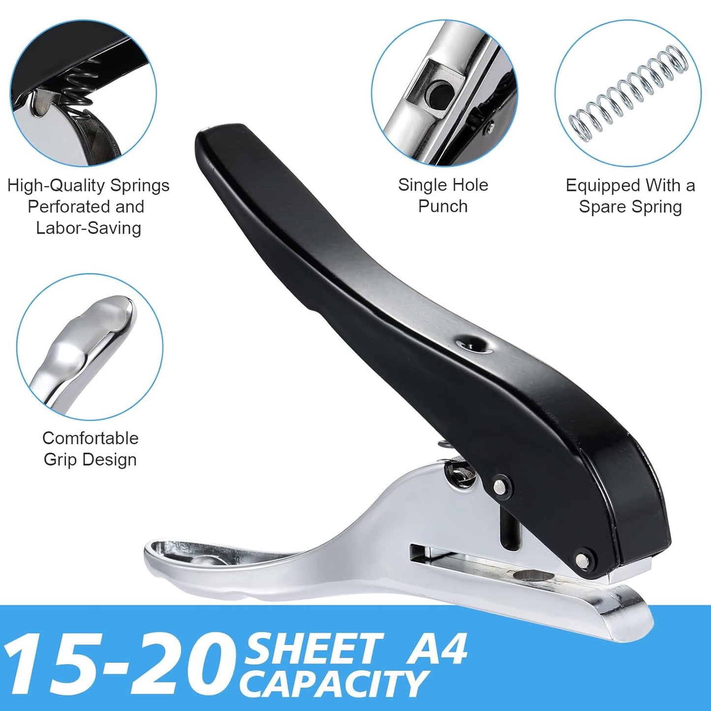 1/8" Hole Punch - Heavy Duty Single Hole Puncher for Paper, Tags, Cards, Plastic, Cardboard (3MM Black)