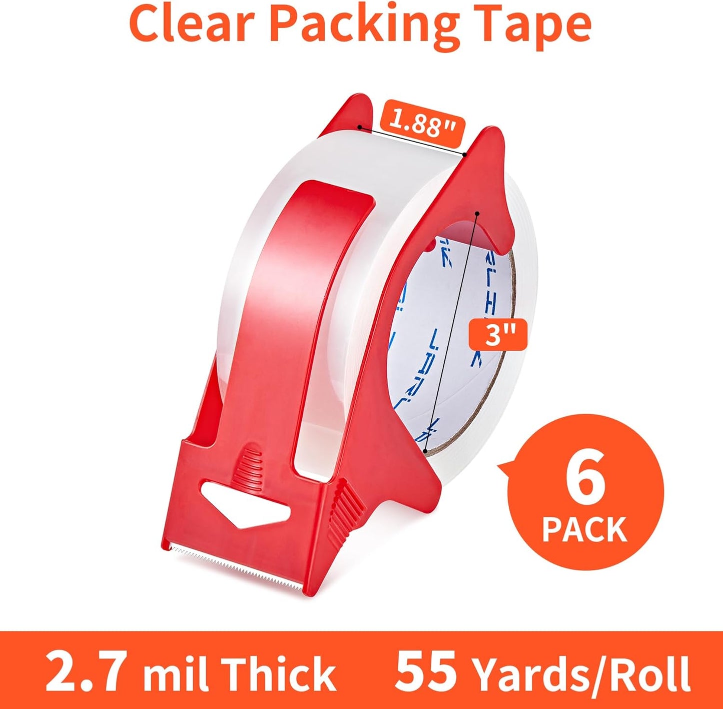JARLINK 6 Rolls Clear Packing Tape with Dispenser, Heavy Duty Packaging Tape Refills for Shipping Packaging Mailing, 2.7mil Thick, 1.88 inches Wide, 55 Yards Per Roll, 330 Total Yards