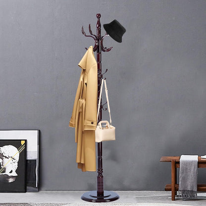 Coat Racks FreeStanding with 14 Hooks, Natural Wood Coat Rack with Solid Round Base, Adjustable Height Coat Racks, Easy Assembly for Hallway, Bedroom and Office (Solid Wood Fenghuang Gou)