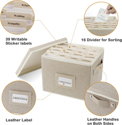 Greeting Card Organizer Box with 16 Dividers,Collapsible Greeting Card Storage Box with Handles Hold 150+ Cards,Greeting Card Holder for Greeting Cards,Sticker, Recipes, Photo, Envelope (Beige, 1 pcs)